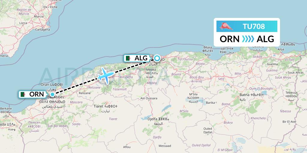 TU708 Tunisair Flight Map: Oran to Algiers
