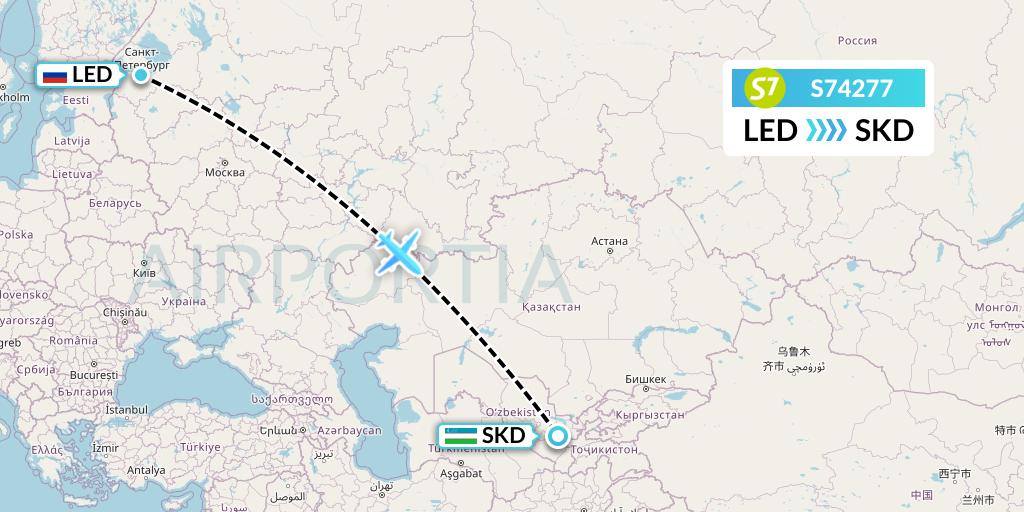 S74277 S7 Airlines Flight Map: St. Petersburg to Samarkand
