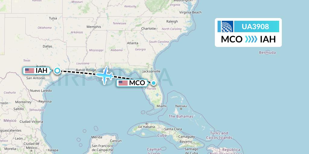 UA3908 United Airlines Flight Map: Orlando to Houston