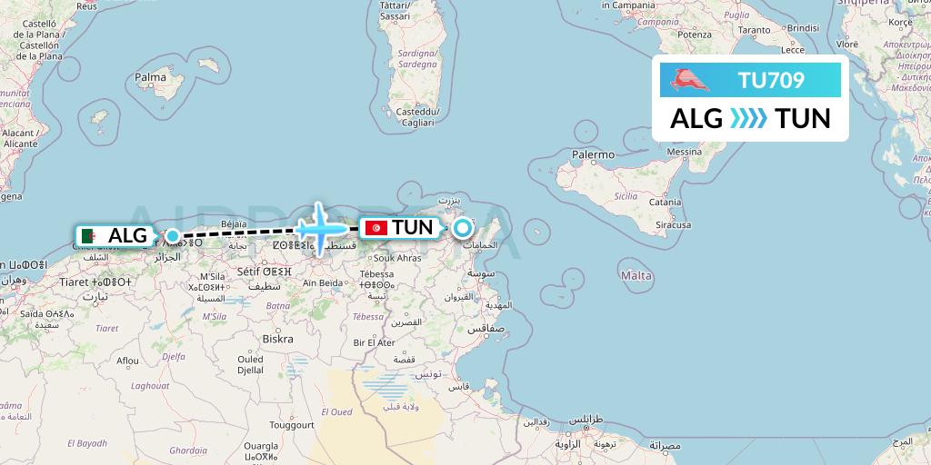 TU709 Tunisair Flight Map: Algiers to Tunis