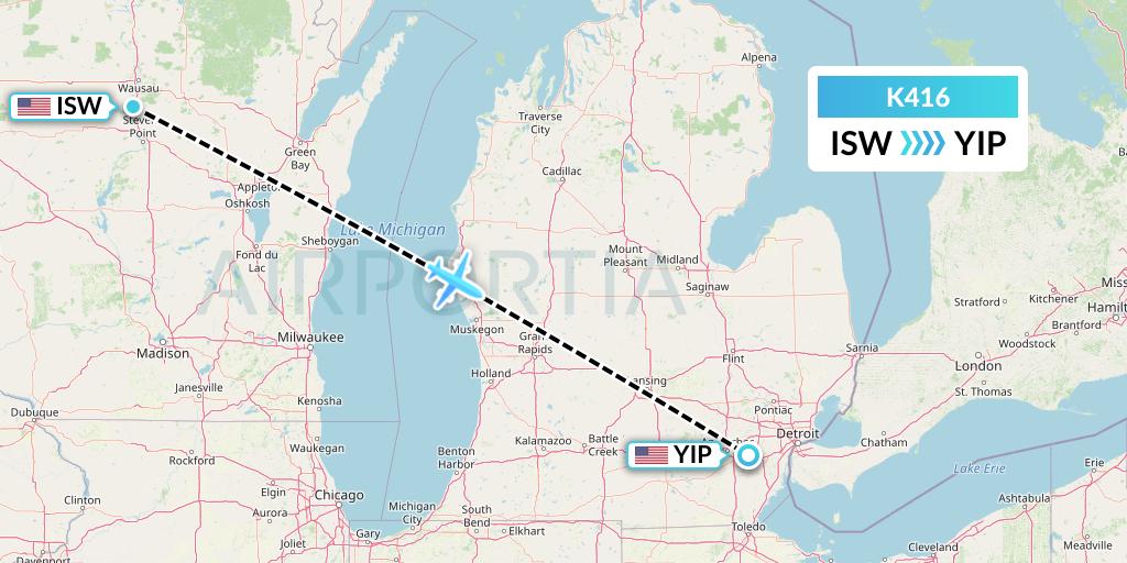 K416 Kalitta Air Flight Map: Wisconsin Rapids to Detroit