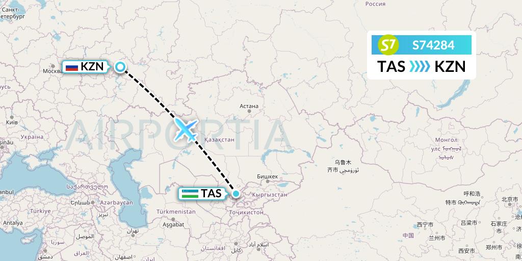 S74284 S7 Airlines Flight Map: Tashkent to Kazan