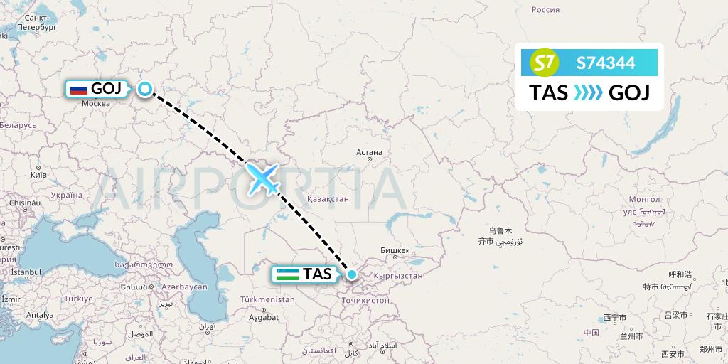 S74344 S7 Airlines Flight Map: Tashkent to Nizhny Novgorod