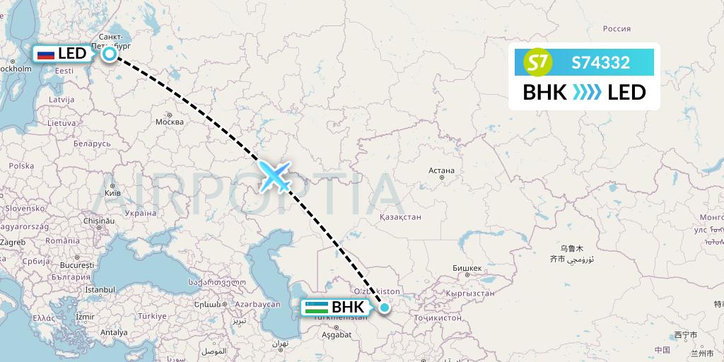 S74332 S7 Airlines Flight Map: Bukhara to St. Petersburg