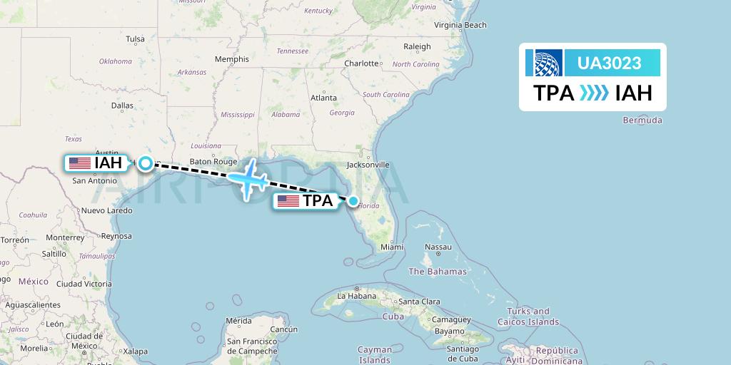 UA3023 United Airlines Flight Map: Tampa to Houston