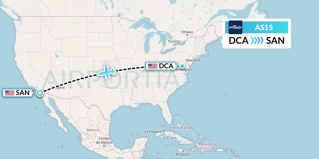 AS15 Alaska Airlines Flight Map: Washington to San Diego