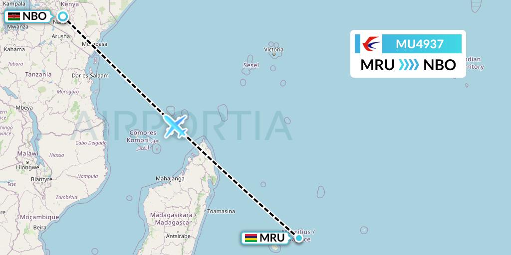 MU4937 China Eastern Airlines Flight Map: Port Louis to Nairobi