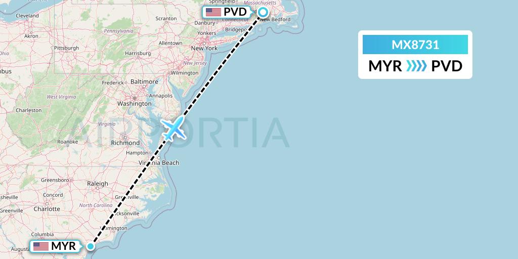 MX8731 Breeze Airways Flight Map: Myrtle Beach to Providence