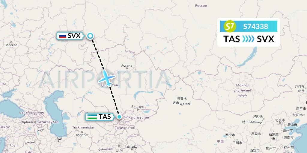 S74338 S7 Airlines Flight Map: Tashkent to Yekaterinburg