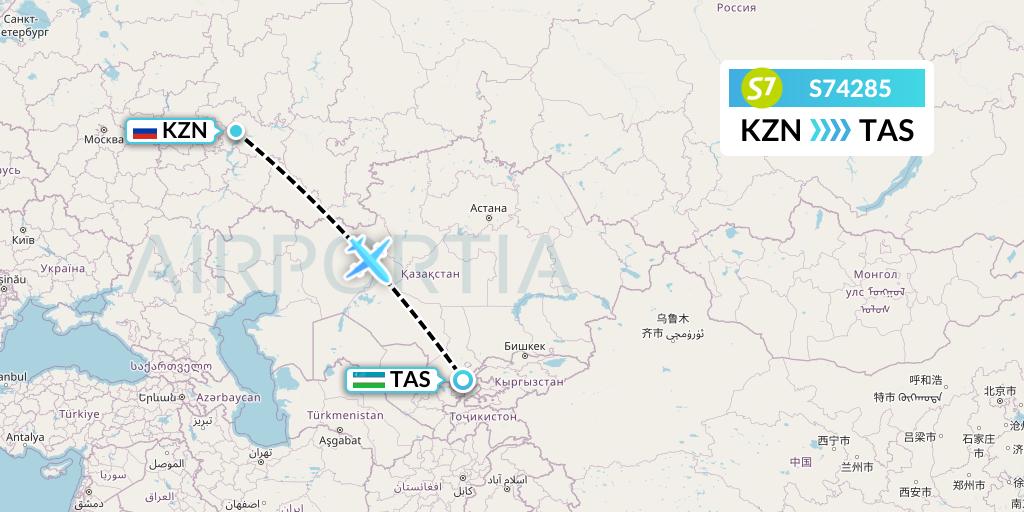 S74285 S7 Airlines Flight Map: Kazan to Tashkent