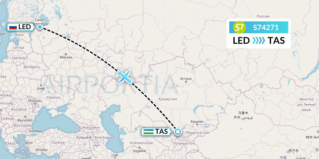 S74271 S7 Airlines Flight Map: St. Petersburg to Tashkent