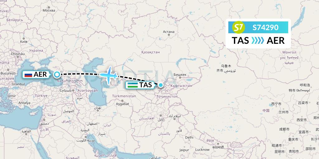 S74290 S7 Airlines Flight Map: Tashkent to Sochi