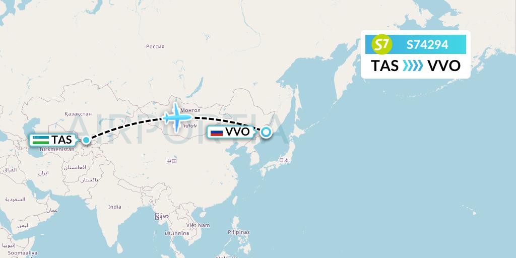 S74294 S7 Airlines Flight Map: Tashkent to Vladivostok