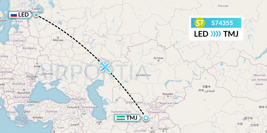 S74355 S7 Airlines Flight Map: St. Petersburg to Termez