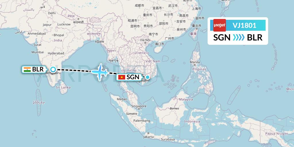 VJ1801 VietJet Air Flight Map: Ho Chi Minh City to Bangalore