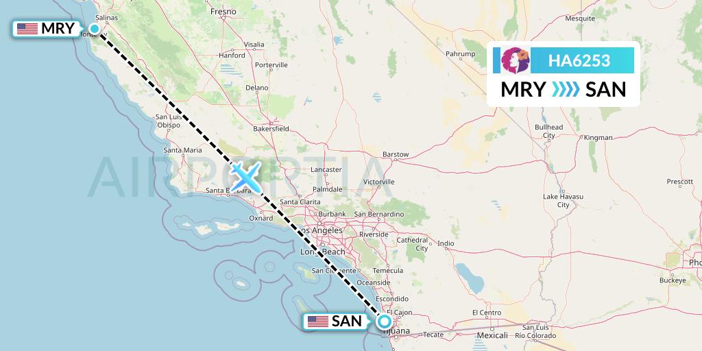 HA6253 Hawaiian Airlines Flight Map: Monterey to San Diego