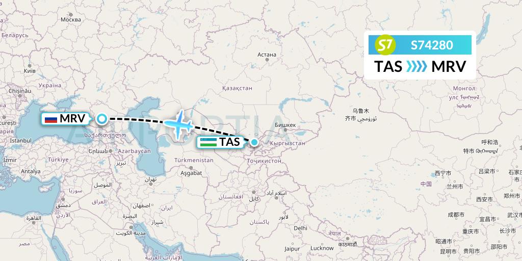 S74280 S7 Airlines Flight Map: Tashkent to Mineralnye Vody