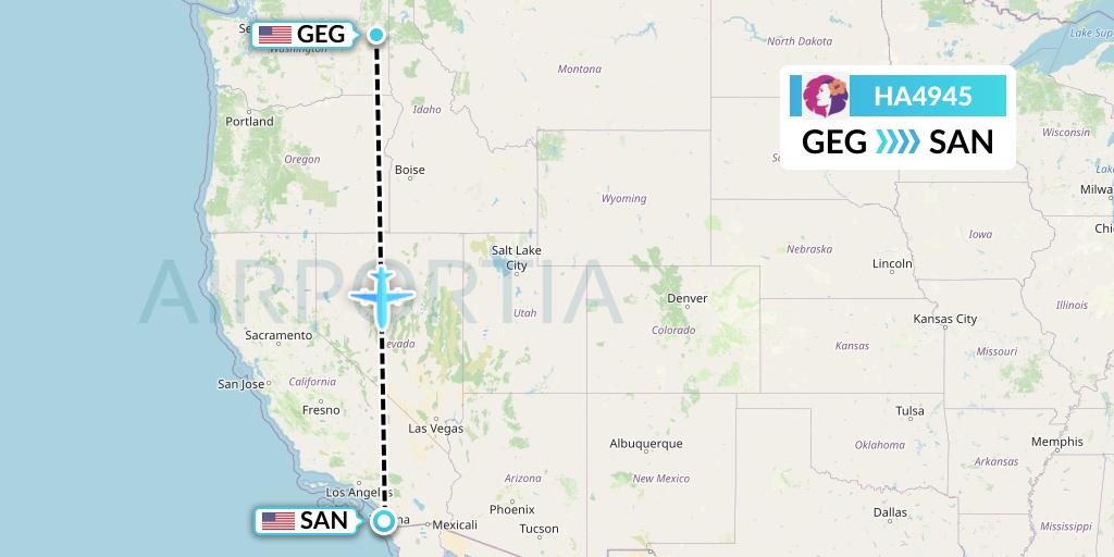 HA4945 Hawaiian Airlines Flight Map: Spokane to San Diego