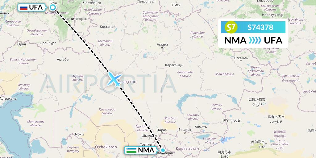 S74378 S7 Airlines Flight Map: Namangan to Ufa