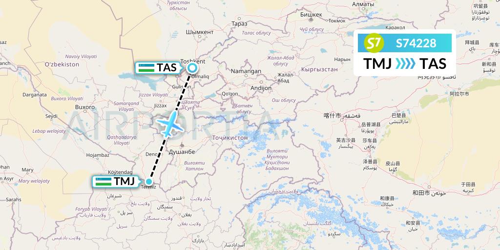 S74228 S7 Airlines Flight Map: Termez to Tashkent