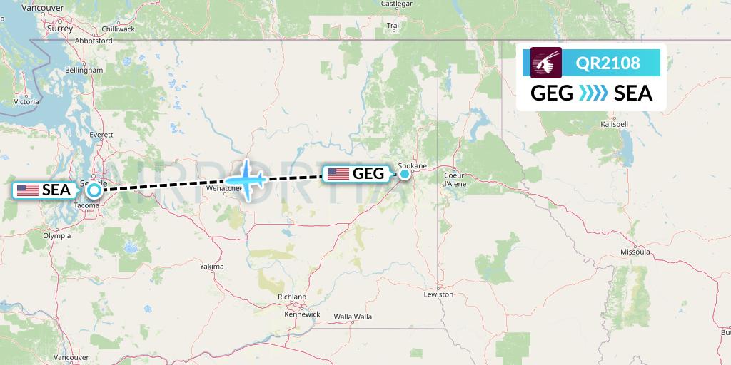 QR2108 Qatar Airways Flight Map: Spokane to Seattle