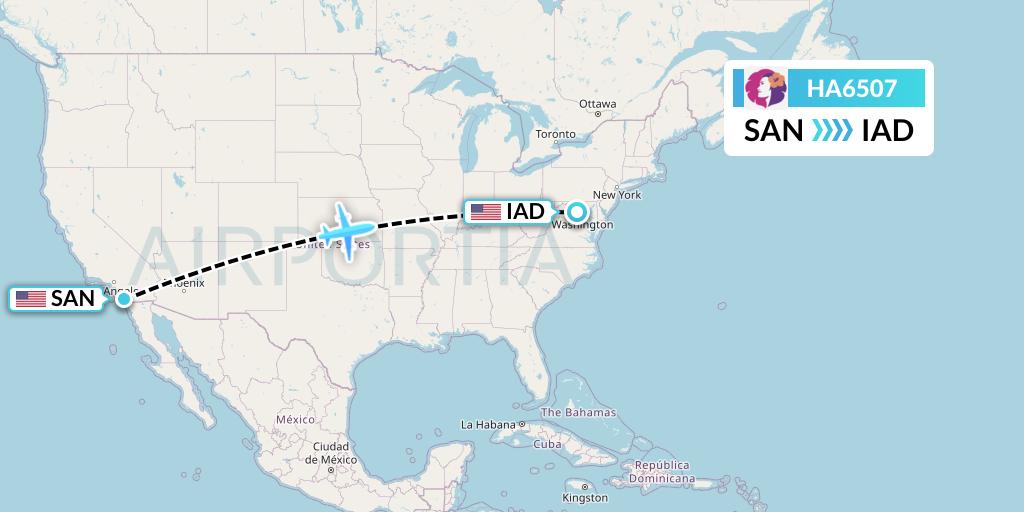 HA6507 Hawaiian Airlines Flight Map: San Diego to Washington