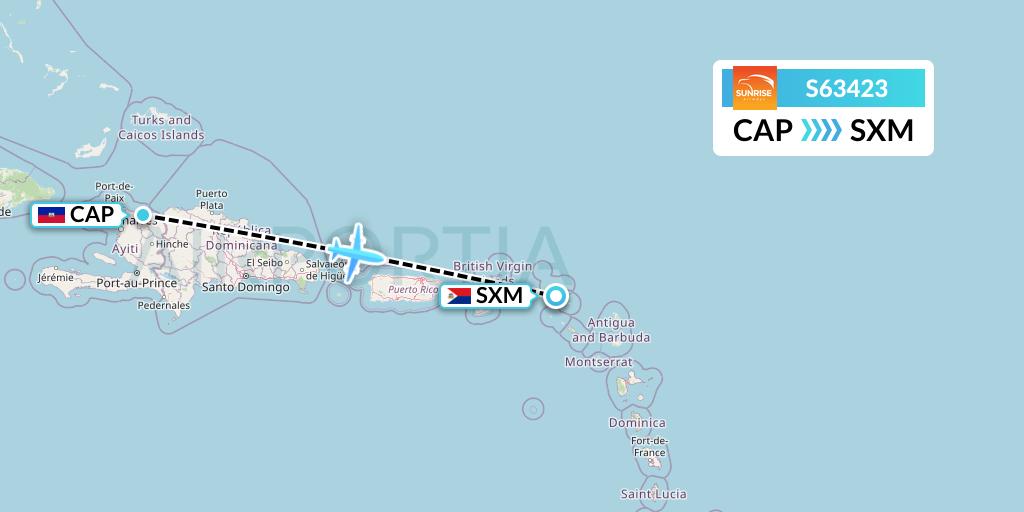S63423 Sunrise Airways Flight Map: Cap-Haitien to Sint Maarten