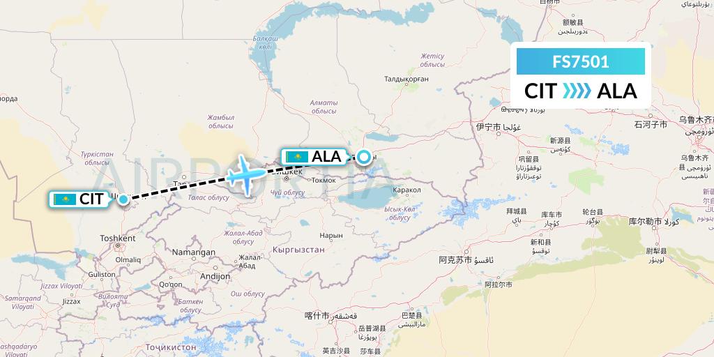 FS7501 Flyr Flight Map: Shymkent to Almaty