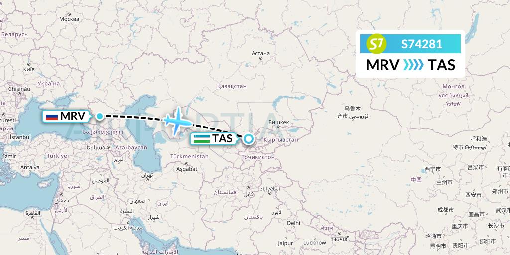 S74281 S7 Airlines Flight Map: Mineralnye Vody to Tashkent