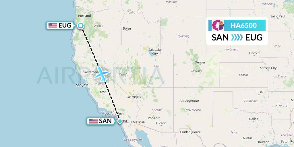 HA6500 Hawaiian Airlines Flight Map: San Diego to Eugene