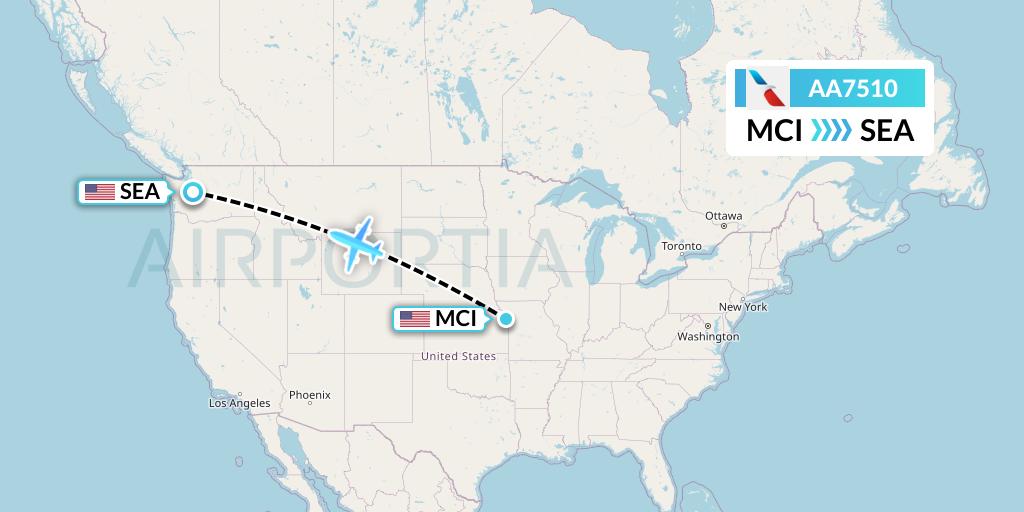 AA7510 American Airlines Flight Map: Kansas City to Seattle