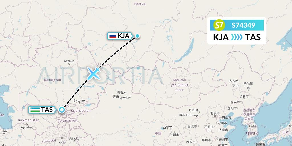 S74349 S7 Airlines Flight Map: Krasnoyarsk to Tashkent