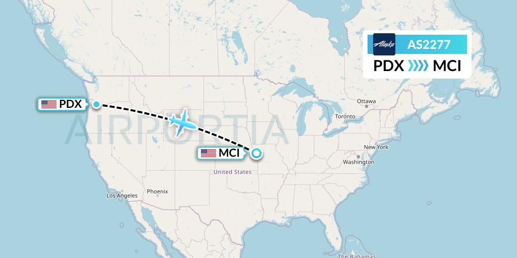 AS2277 Alaska Airlines Flight Map: Portland to Kansas City