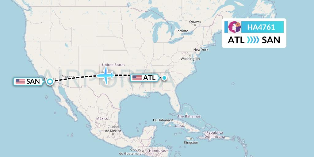 HA4761 Hawaiian Airlines Flight Map: Atlanta to San Diego