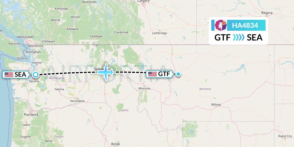 HA4834 Hawaiian Airlines Flight Map: Great Falls to Seattle