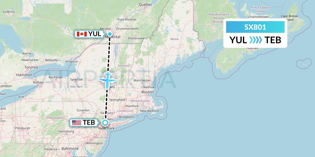 SX801 Flygta Airlines Flight Map: Montreal to Teterboro