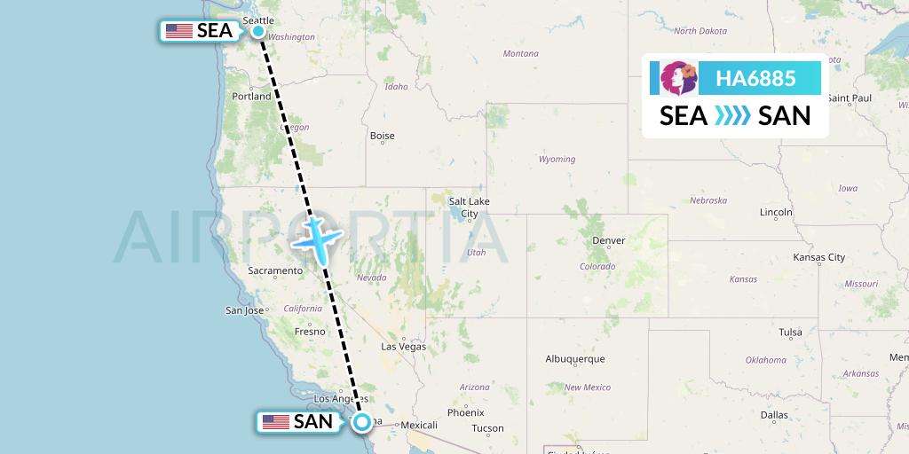 HA6885 Hawaiian Airlines Flight Map: Seattle to San Diego