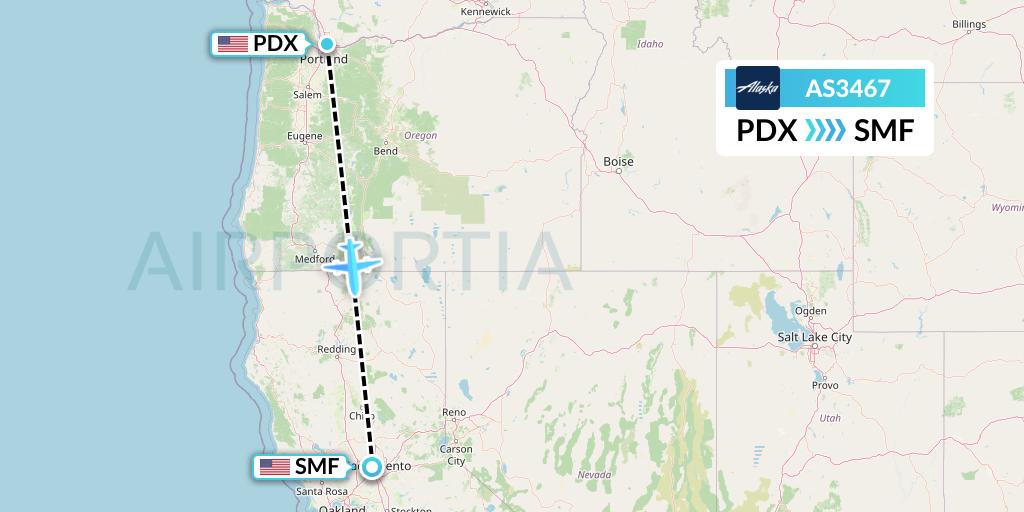 AS3467 Alaska Airlines Flight Map: Portland to Sacramento