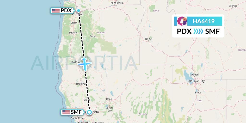 HA6419 Hawaiian Airlines Flight Map: Portland to Sacramento