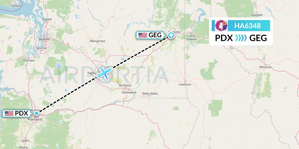 HA6348 Hawaiian Airlines Flight Map: Portland to Spokane