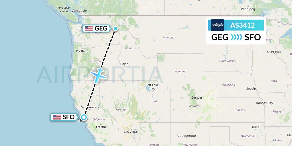 AS3412 Alaska Airlines Flight Map: Spokane to San Francisco