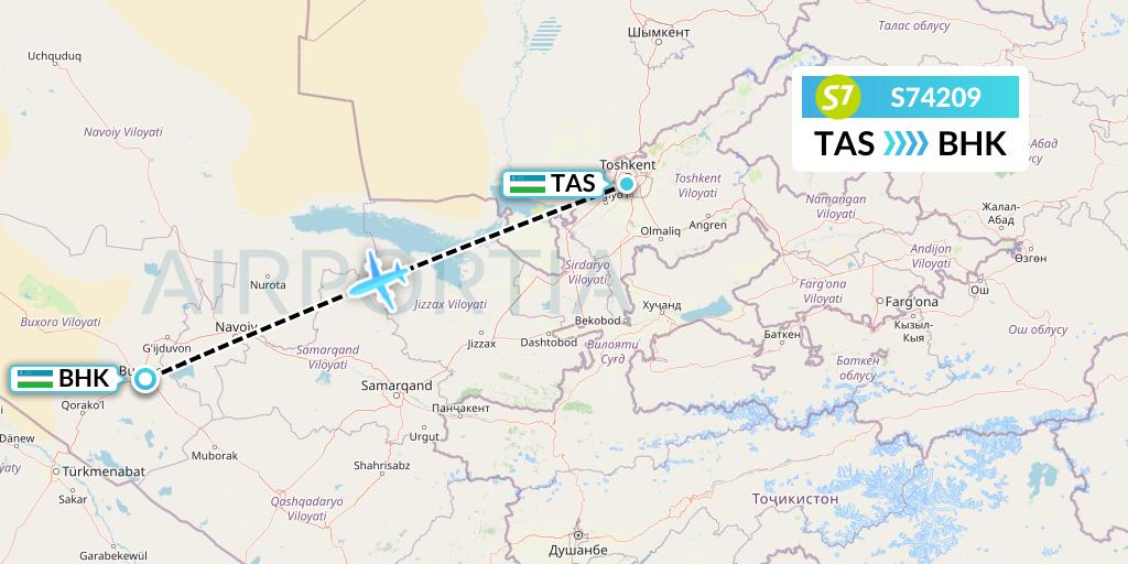 S74209 S7 Airlines Flight Map: Tashkent to Bukhara