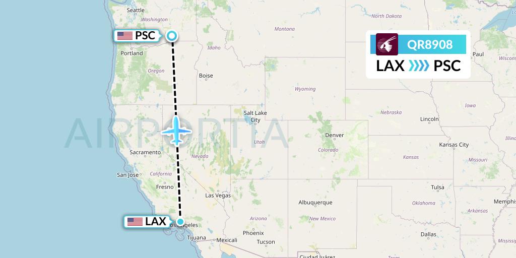 QR8908 Qatar Airways Flight Map: Los Angeles to Pasco