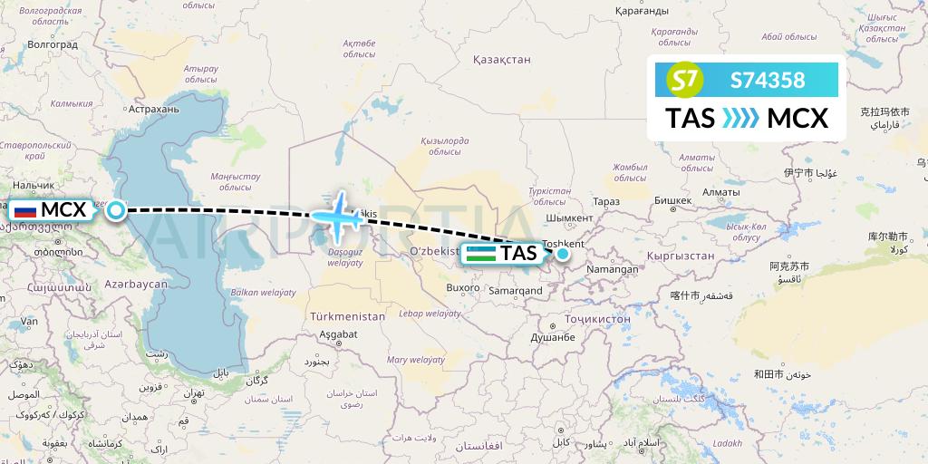 S74358 S7 Airlines Flight Map: Tashkent to Makhachkala