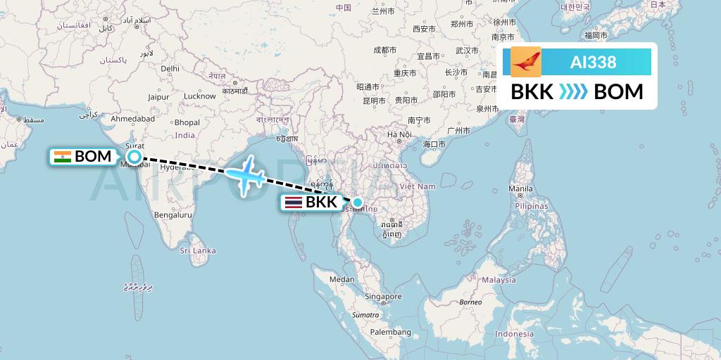 AI338 Air India Flight Map: Bangkok to Mumbai