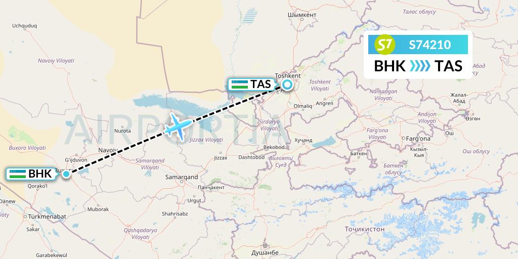 S74210 S7 Airlines Flight Map: Bukhara to Tashkent