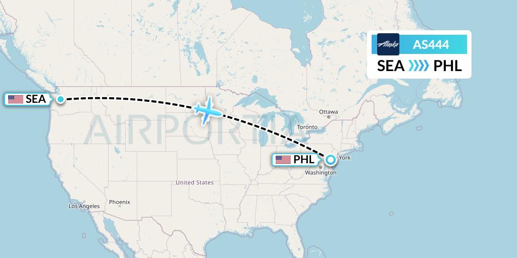 AS444 Alaska Airlines Flight Map: Seattle to Philadelphia