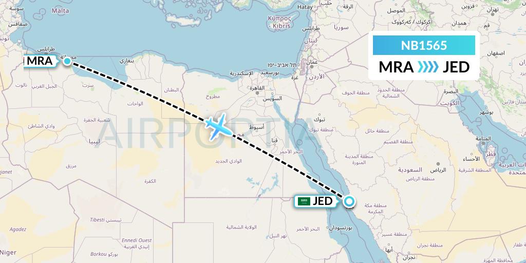 NB1565 Berniq Airways Flight Map: Misrata to Jeddah
