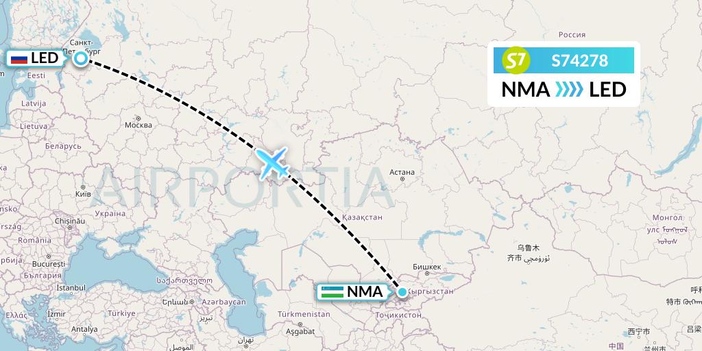 S74278 S7 Airlines Flight Map: Namangan to St. Petersburg