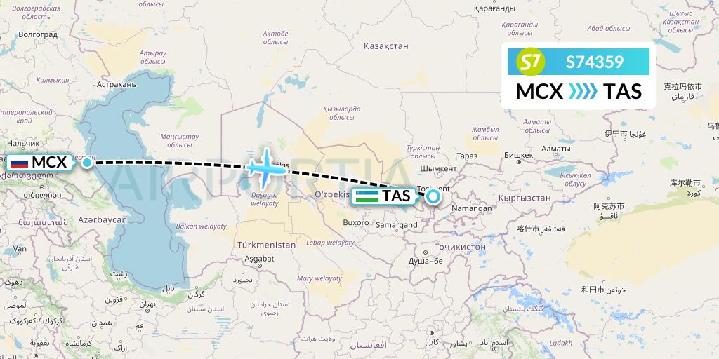 S74359 S7 Airlines Flight Map: Makhachkala to Tashkent